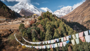 View of Manaslu mountain, eighth highest mountain peak in the world view from Lho village, Himalaya mountain range in Nepal, Asia