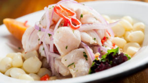 Bowl of fresh seafood ceviche in Peru