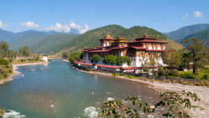 Punakha Dzong and the Mo Chhu river in Punakha Bhutan