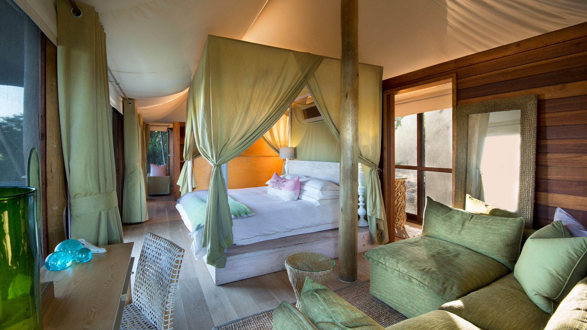 open air tent at andBeyond xaranna camp on a luxury botswana safari overlooking the okavango delta